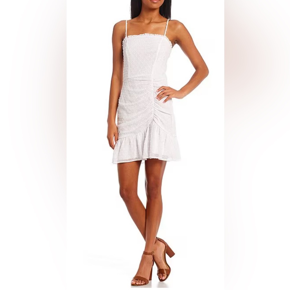 Midnight Doll White Swiss Dot Ruched Mini Dress – Size S – NWT
